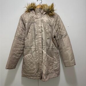 Banana Republic Women's Quilted Tan Puffer Coat with Faux Fur